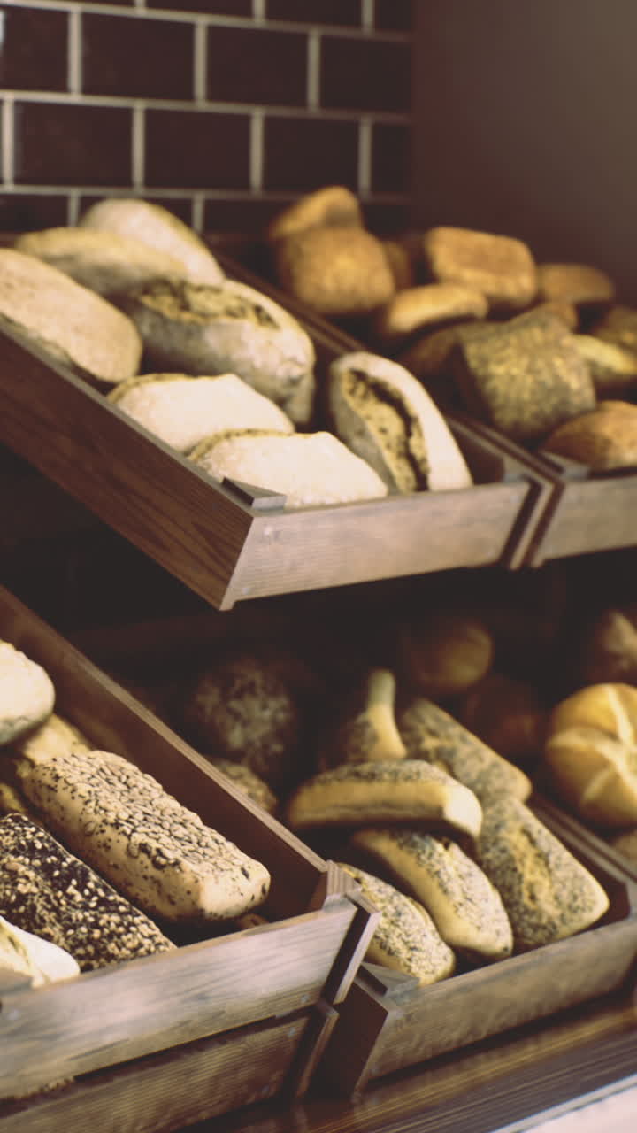 Bakery display filled with fresh bread and rolls at local shop in the morning