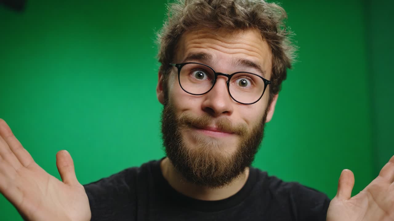 A Curious Individual Expressing Surprise and Inquiry Against a Bright Green Background, Capturing Genuine Emotions Through Playful Gestures and Facial Expressions