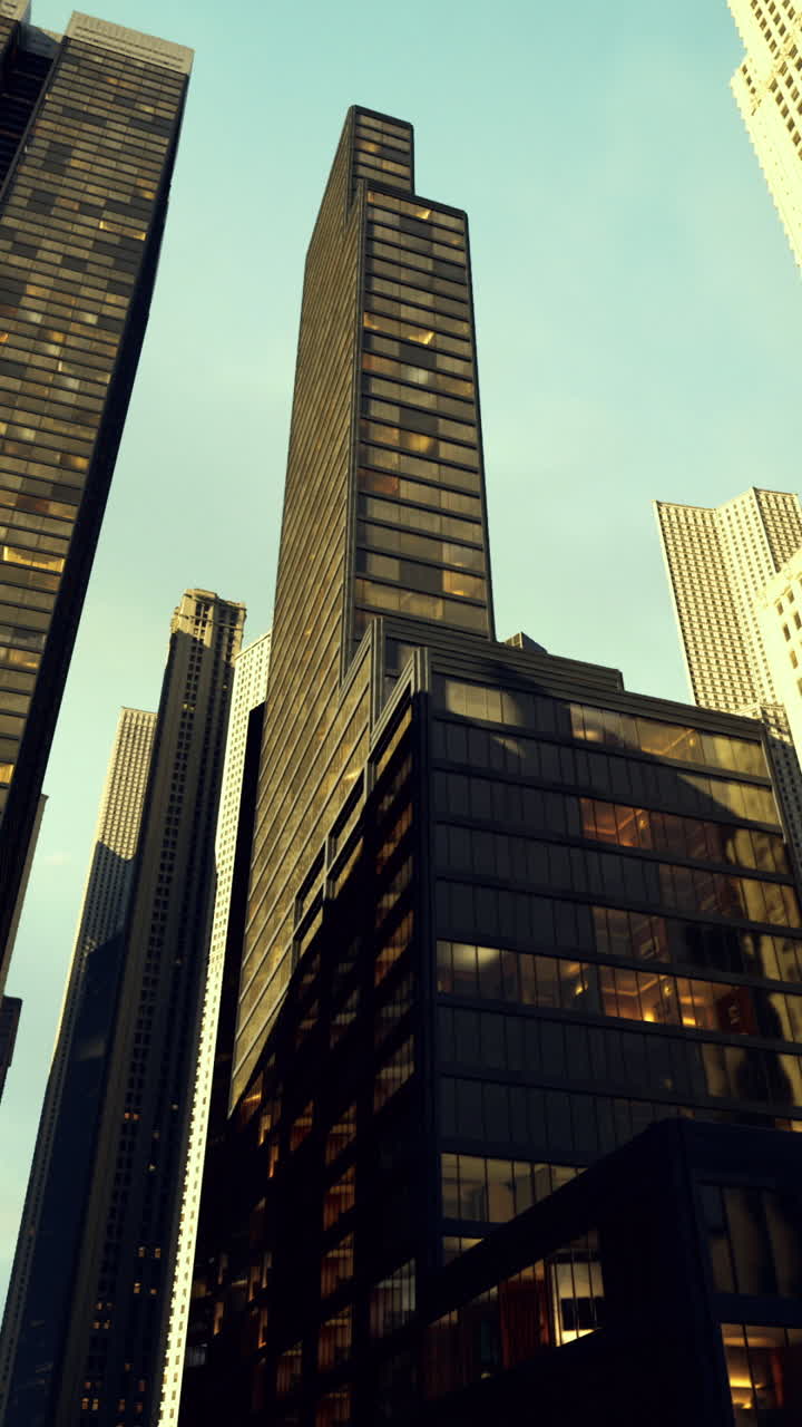Tall buildings reach towards the sky in a bustling urban environment