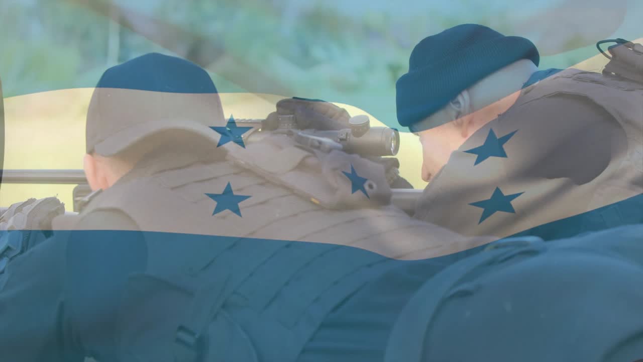 Two operators bringing eye to scope, steadying rifle for aim in tactical ops, flag overlay rippling