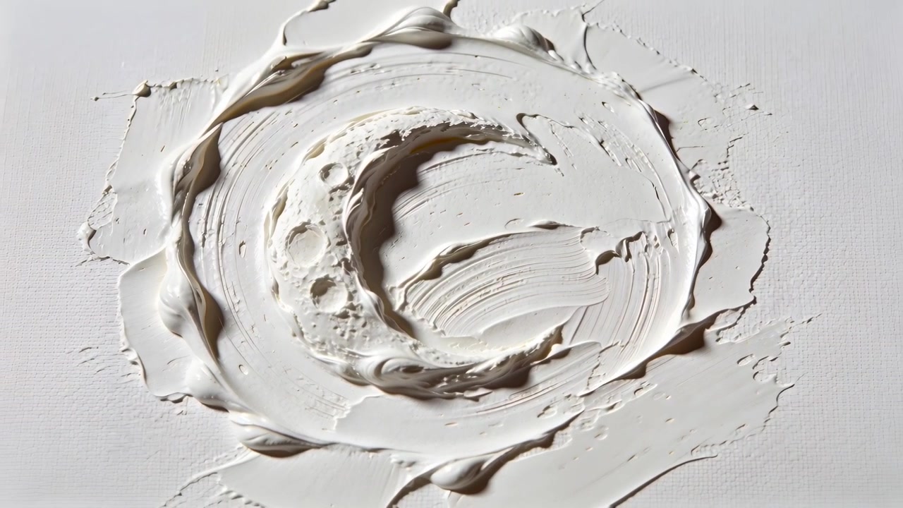 La telecamera si allontana rivelando un bassorilievo in pasta su un pannello bianco in studio, mostrando segni di raschiature e crateri.