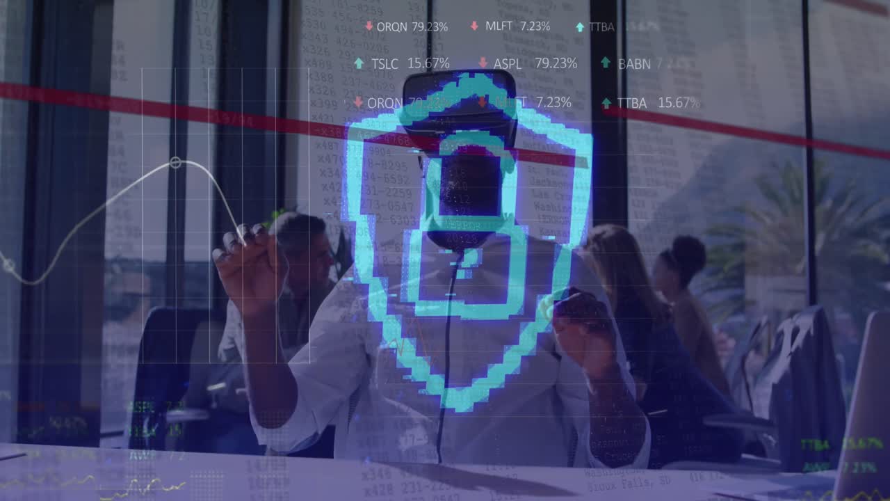 animación del procesamiento de datos sobre un empresario afroamericano que usa auriculares vr