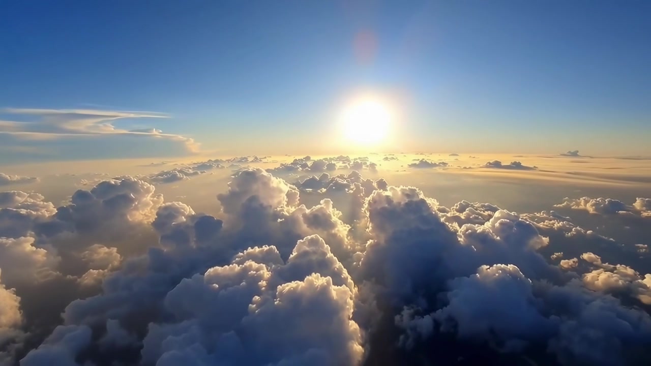 Vista aerea di nuvole e sole splendente al tramonto.