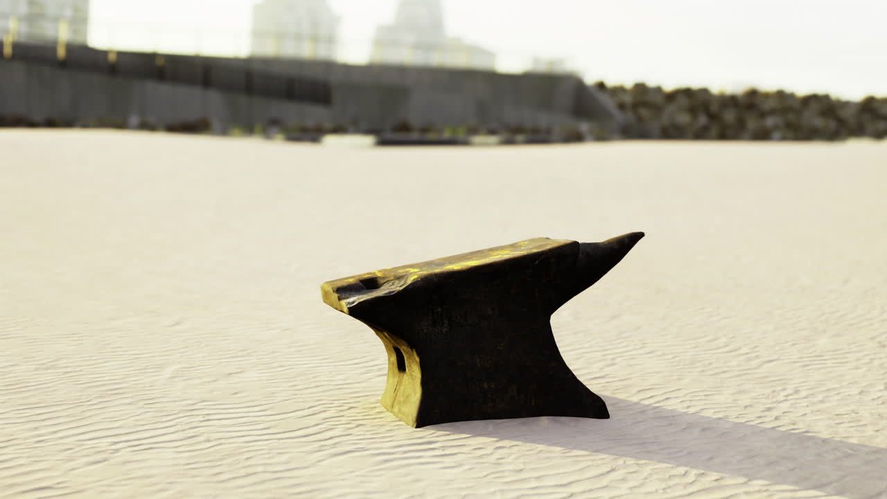 Blacksmithing tools left on sandy beach during sunset near city skyline