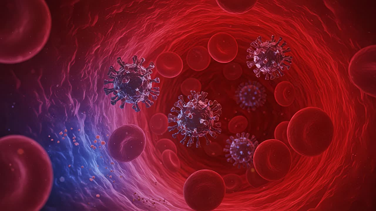 An Intricate View of Viral Entities Within the Bloodstream, Illustrating the Impact of Pathogens on Human Health and Cellular Activity in a Hypothetical Scenario