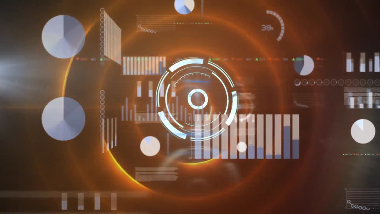 animación de escáner redondo de neón sobre procesamiento de datos estadísticos y senderos de luz naranja girando