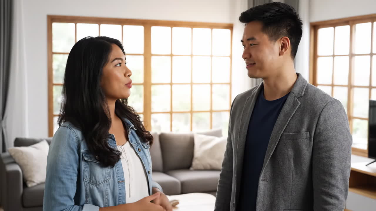 Couple Engaged in Conversation in a Bright Living Room