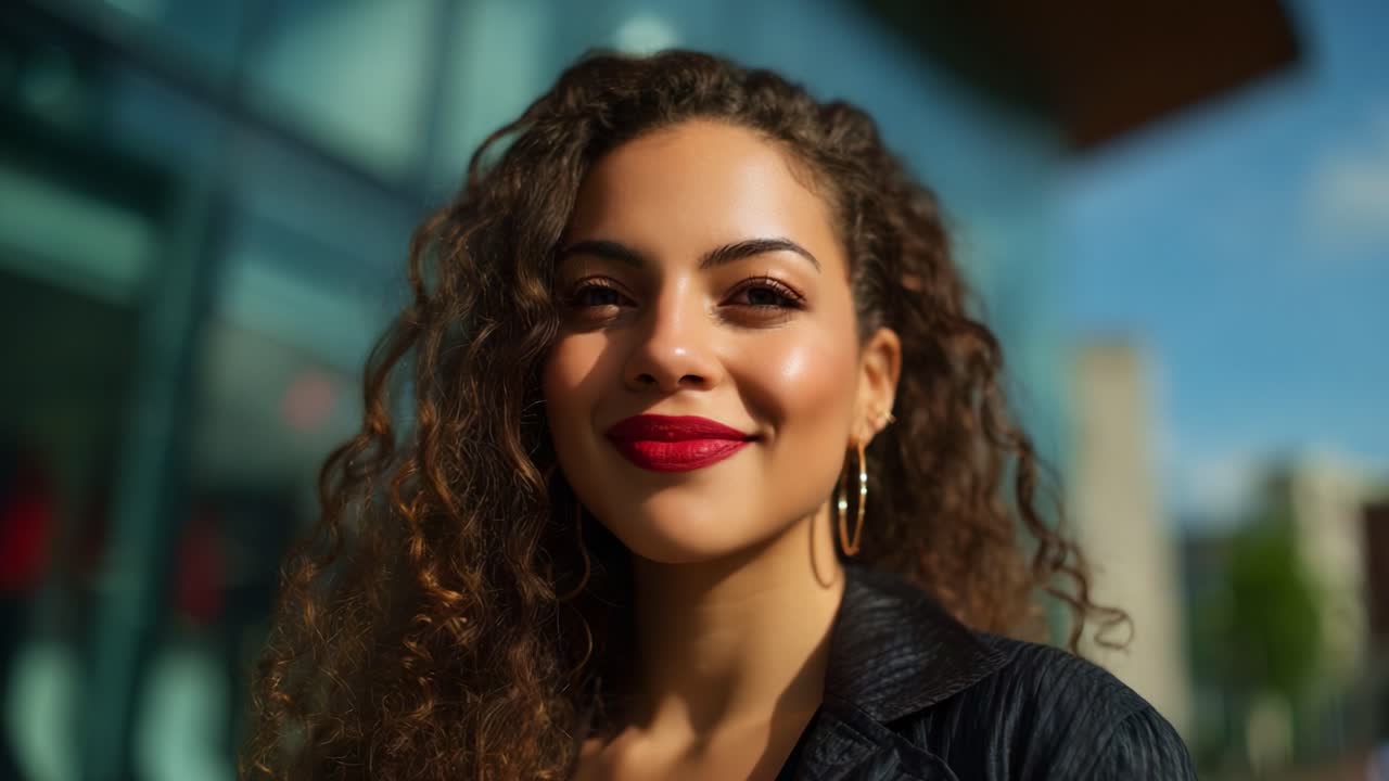Un ritratto espressivo di una donna sicura di sé che mostra i suoi bellissimi capelli ricci e le labbra rosse intense su uno sfondo urbano vivace, che trasuda carisma e fascino