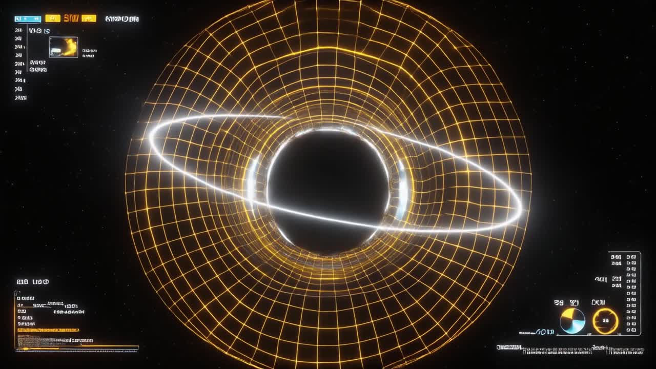 Digital visualisering af et sort hul med glødende gitter og HUD