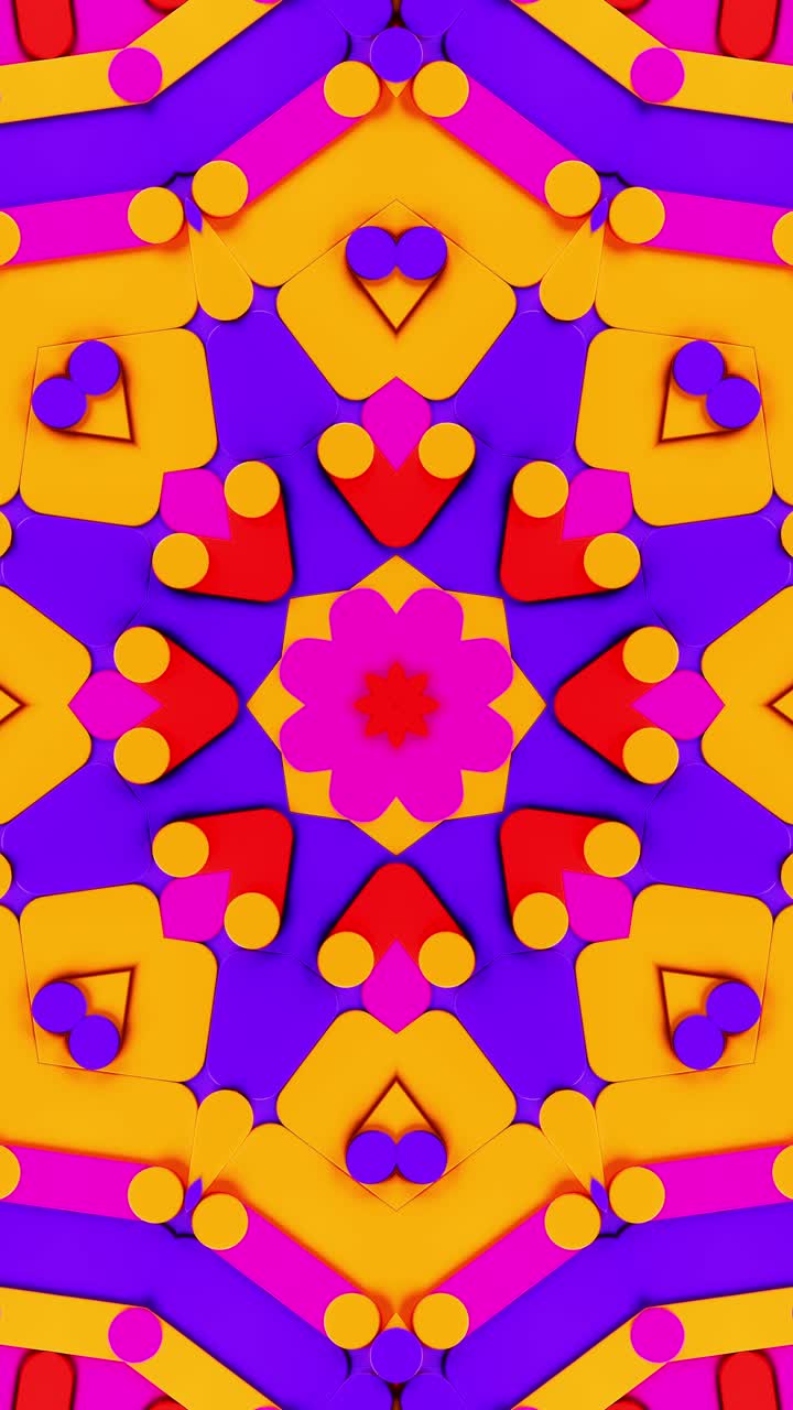 Motivo astratto colorato con fiore giallo e rosa. Loop VJ caleidoscopico verticale.