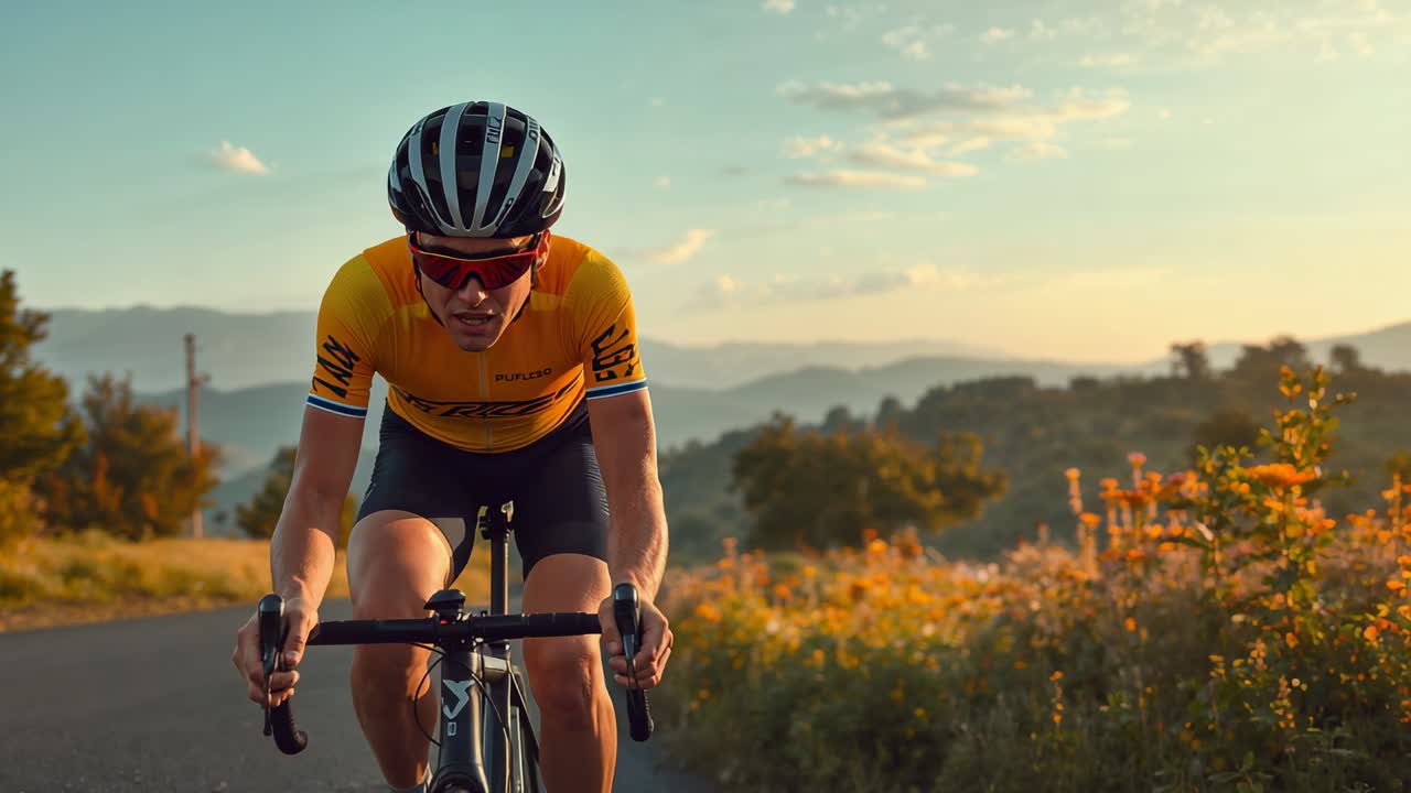 Ciclista che pedala mentre la telecamera segue una bici da corsa su una strada rurale per allenamento, maglia gialla