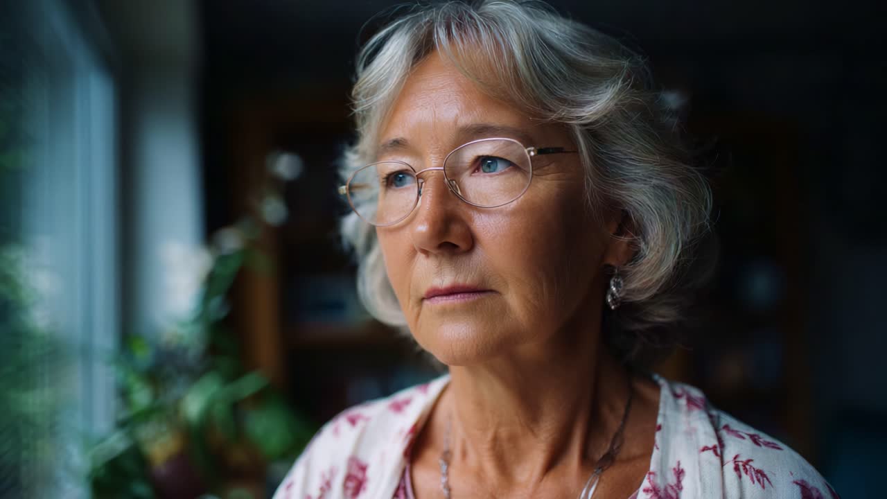 Un'anziana donna contemplativa guarda pensierosa fuori dalla finestra, catturando un momento di riflessione e serenità in uno spazio interno con illuminazione soffusa tra una vegetazione lussureggiante