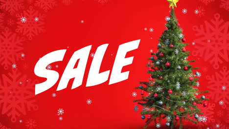 animación de texto de venta sobre nieve que cae y árbol de navidad