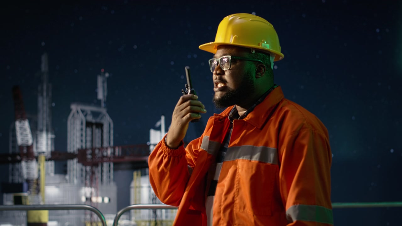 Radiooperatører på offshore-boreplatform koordinerer sikre forsyningsruter under oliekrise.