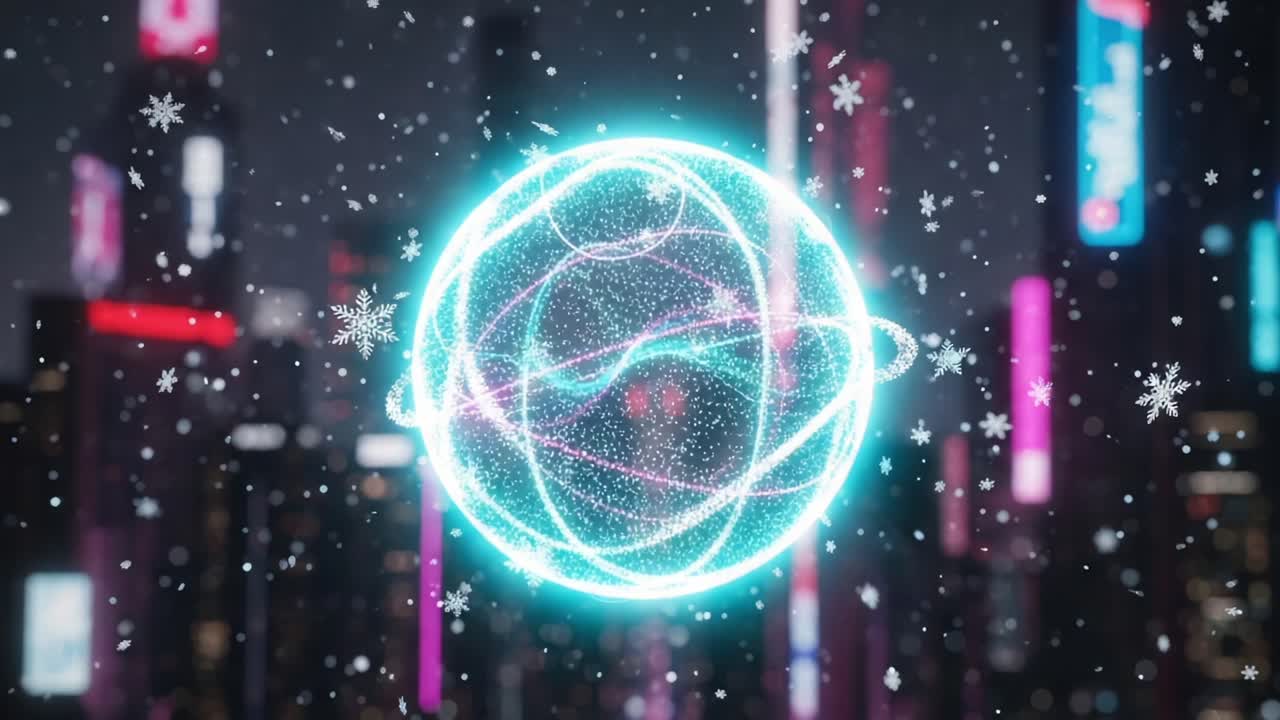 A Stunning Digital Sphere Surrounded by Snowflakes, Set Against a Vibrant Cityscape, Merging Technology and Nature in a Captivating Visual Display