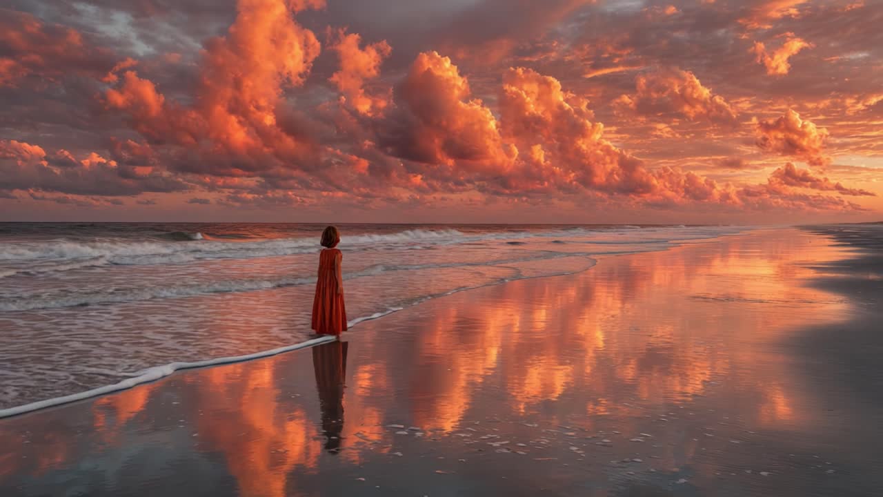 Enchanting Evening Stroll by the Ocean: A Woman in a Flowing Red Dress Walks Along the Shore Under a Stunning Sky Aglow with Orange and Pink Clouds Reflected in the Water