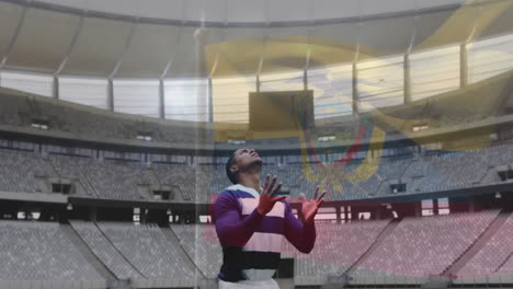rugby player catching ball in empty stadium with digital overlay animation
