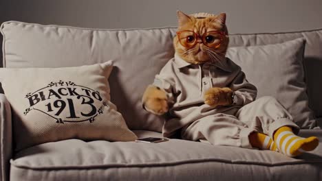 cute cat wearing clothes and glasses on a couch with a phone