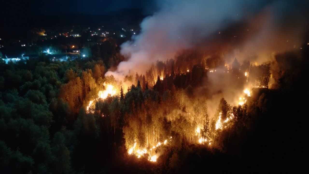 Vista aerea drammatica di un incendio boschivo di notte: fiamme intense avvolgono gli alberi tra il fumo in un paesaggio naturale