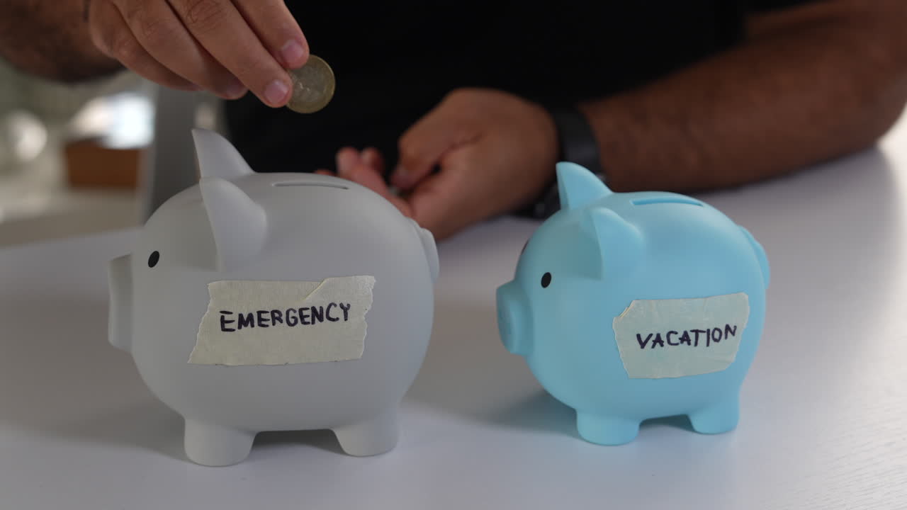Detailed close-up shot of hands depositing coins into gray and blue piggy banks labeled for emergency and vacation savings on a white table, evoking financial planning in soft lighting