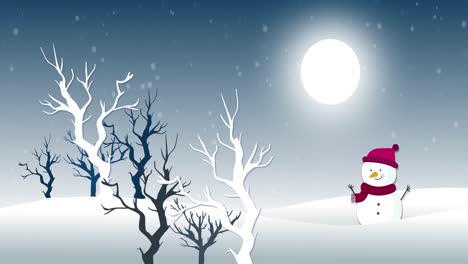 Snow-falling-against-moon,-snowman-and-trees-in-background
