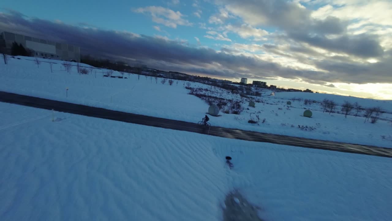 Flight over the snow-covered city park Frédéric in Montreal, Canada