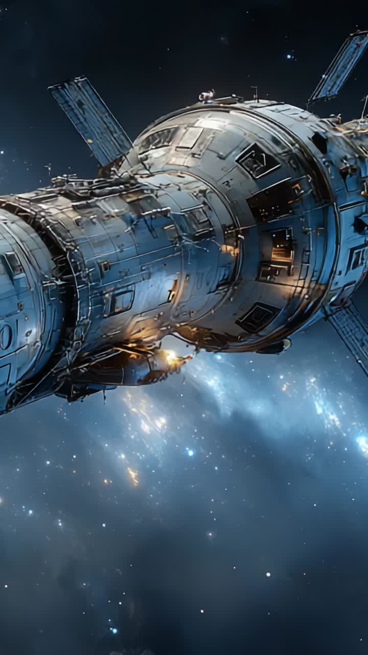 A Stunning Spacecraft Gliding Through the Cosmic Expanse, Captivating the Viewer with its Metallic Structure and the Wonder of Interstellar Beauty