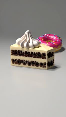 a slice of cake with whipped cream and a pink donut