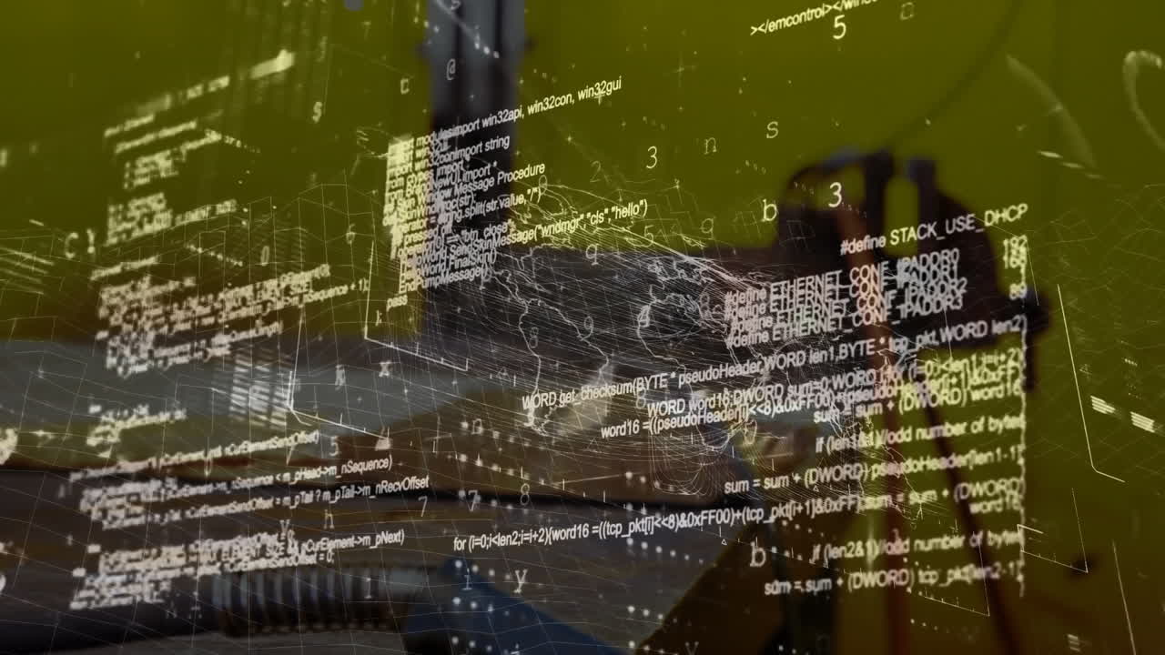 Floating code overlay and wireframe mesh grid hovering over desk surface with phone in 3D render