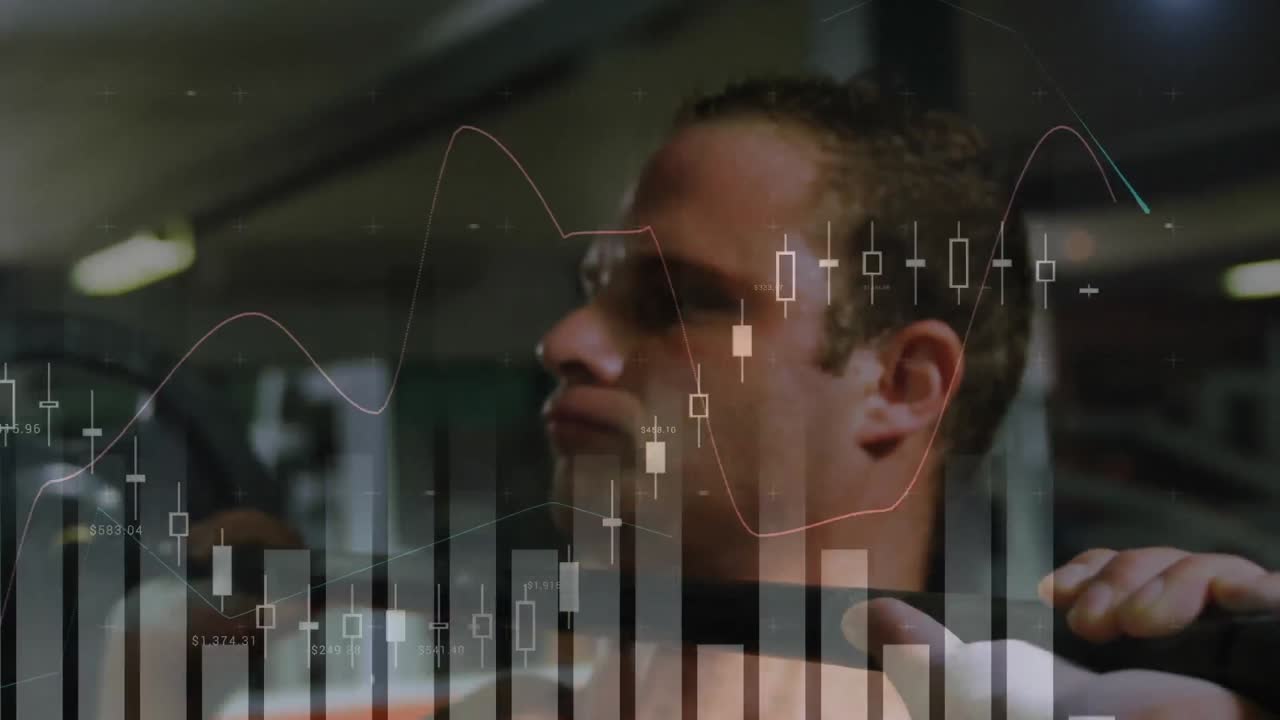 Animation of data processing over strong man exercising with gym equipment