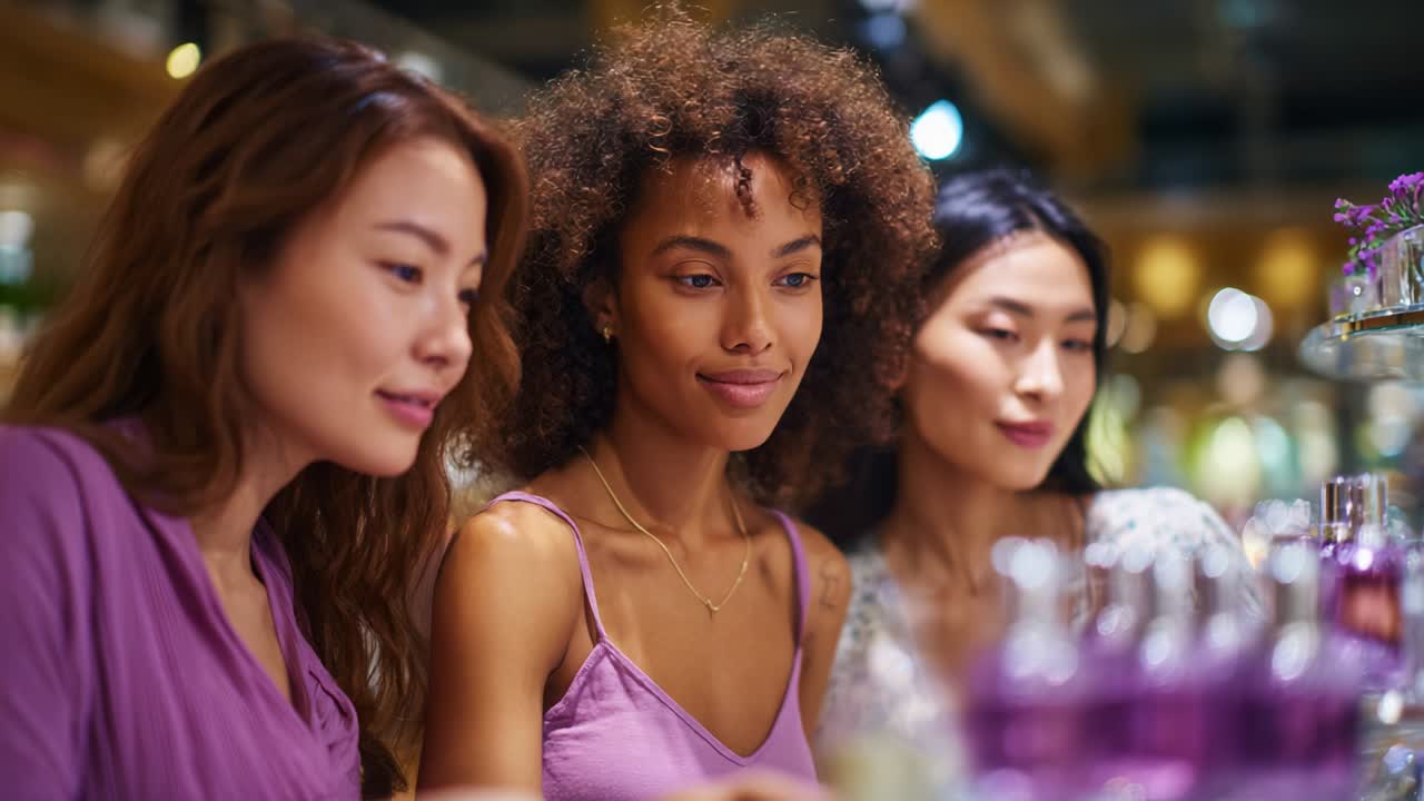 Three women engage in a thoughtful moment as they explore fragrances together in a vibrant and aromatic space, showcasing friendship and the joy of shared experiences with scents and perfumes