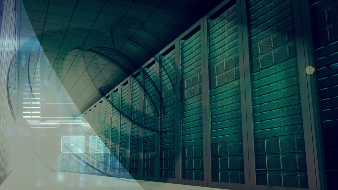 Animation of round scanner spinning over empty computer server room