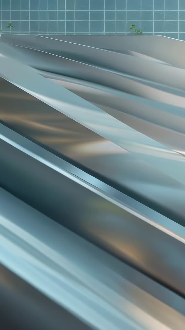 Vertical video: Reflective metallic planes shifting light on blue grid, with green plant accents