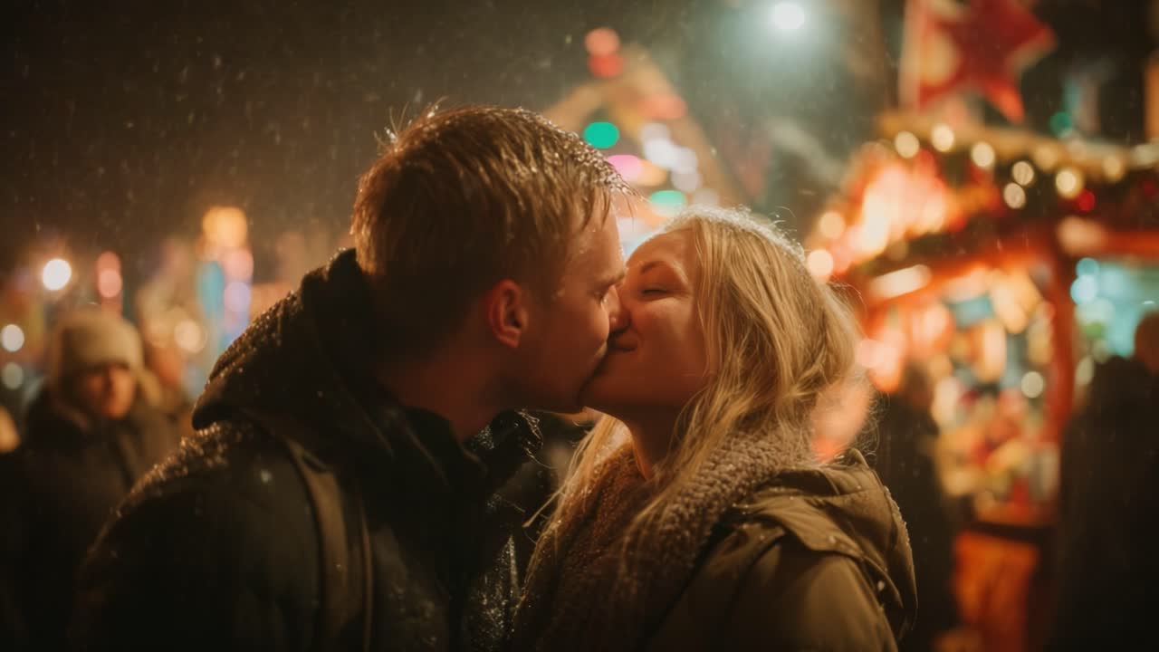 Romantic Encounter in a Winter Wonderland: A Young Couple Shares a Sweet Kiss Amidst Glowing Lights and Festive Atmosphere at a Christmas Market