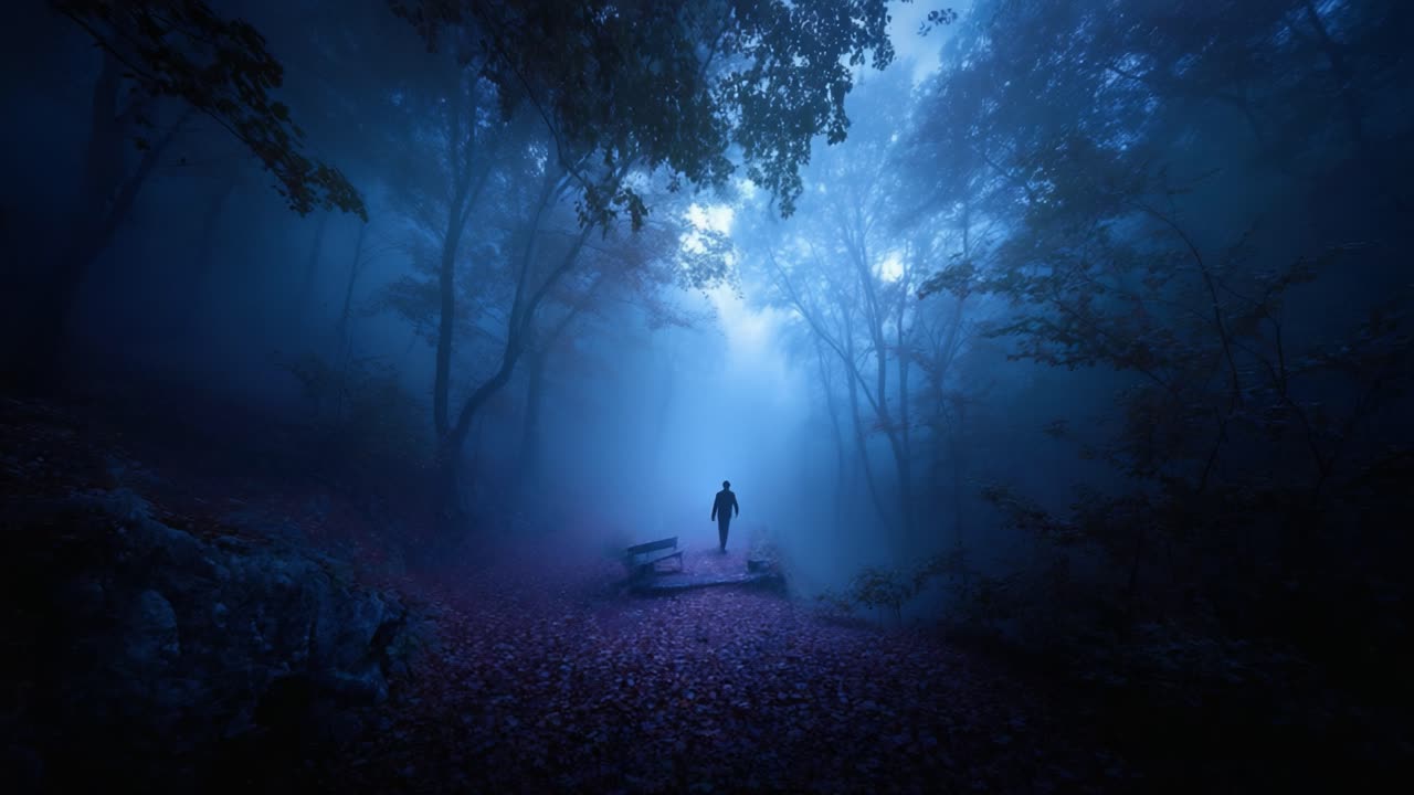 Mysterious Figure in Misty Forest: Exploring the Ethereal Beauty of Fog and Shadows with a Lonely Silhouette Amidst Enigmatic Nature