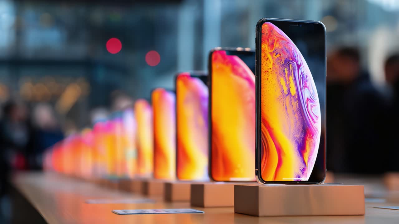 Showcasing a Row of Sleek Smartphones Displayed in an Innovative Retail Environment, Highlighting Their Stunning Design and Vibrant Colorful Screens Under Soft Ambient Lighting