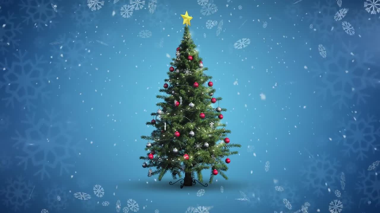 Snow falling over christmas tree spinning against snowflakes on blue background
