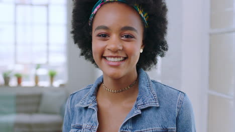 black woman, face and smile while happy at home