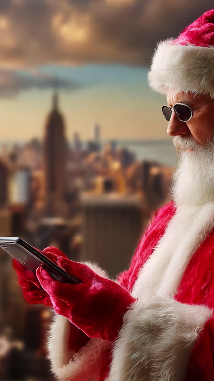 A modern Santa Claus, adorned in a vibrant red costume and stylish sunglasses, engrossed in using a digital tablet against a scenic urban backdrop that hints at holiday cheer and technological integration