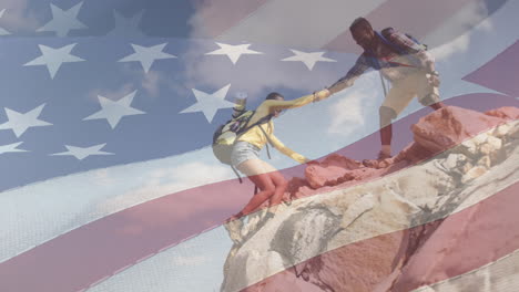 animation of american flag moving over couple hiking
