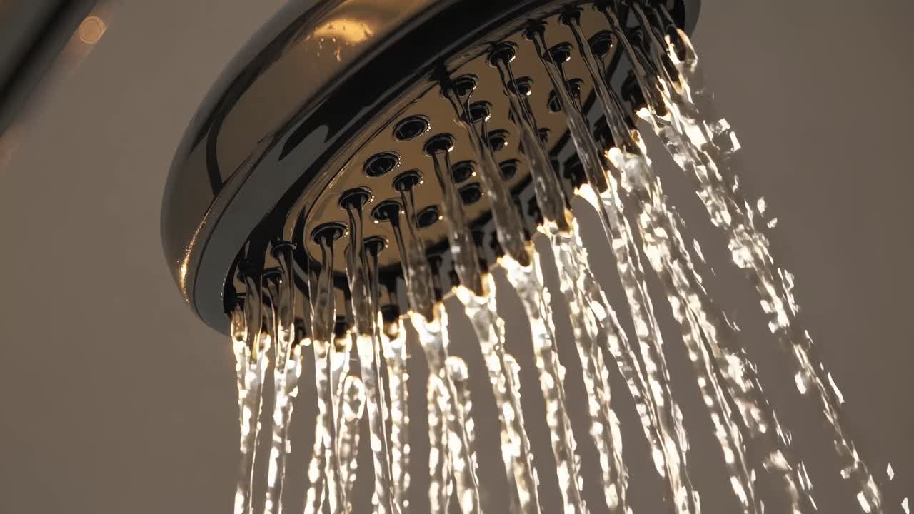 Close-up, low-angle shot of a showerhead with water streaming down, creating a refreshing