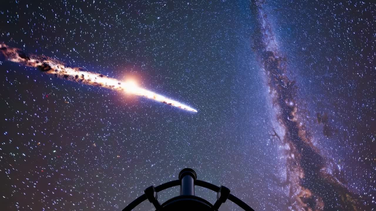 Il video cattura una vista affascinante del cielo notturno stellato attraverso un telescopio, mostrando dettagli cosmici