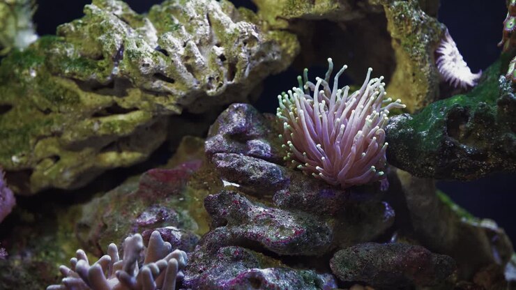 Inquadratura media di anemone e pesce pagliaccio nell'acquario tropicale