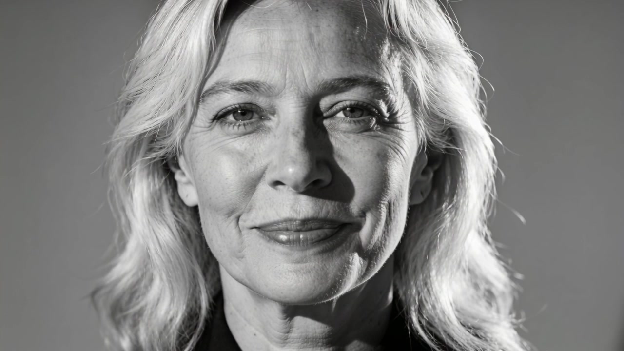 Donna matura sorridente reagisce a un segnale mentre posa per un ritratto in studio, indossando un blazer scuro.