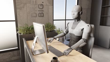 futuristic robot humanoid cyber working alone in modern office with laptop 3d rendering animation artificial intelligence taking over