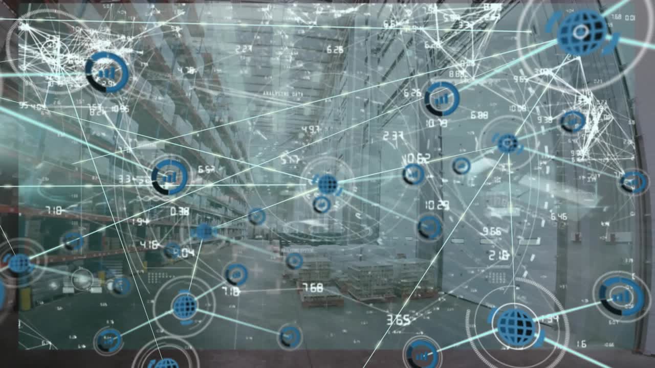 Animazione di una rete di connessioni con icone ed elaborazione dati su un magazzino.