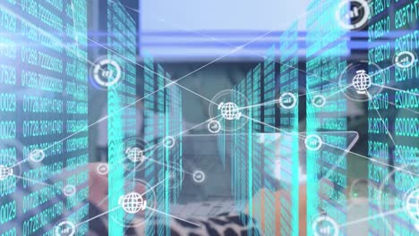 animation of network of connections and data processing over person using tablet