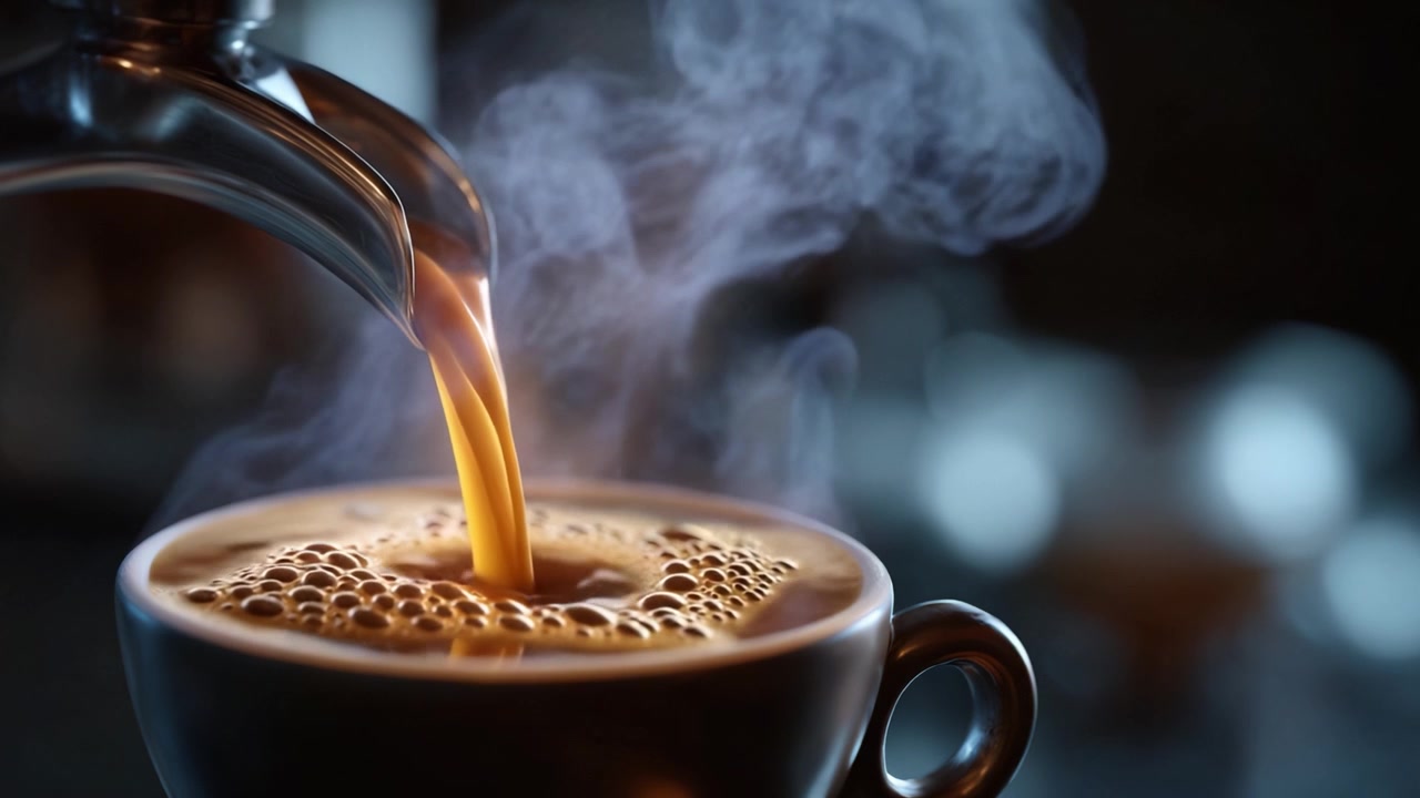 Eine Nahaufnahme von frisch gebrühtem Kaffee, der in eine dampfende Tasse fließt, mit reichhaltiger Crema und aromatischen Bläschen in einem einladenden Café-Ambiente.