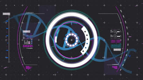 animation of scope scanning over data processing and dna strand on black background