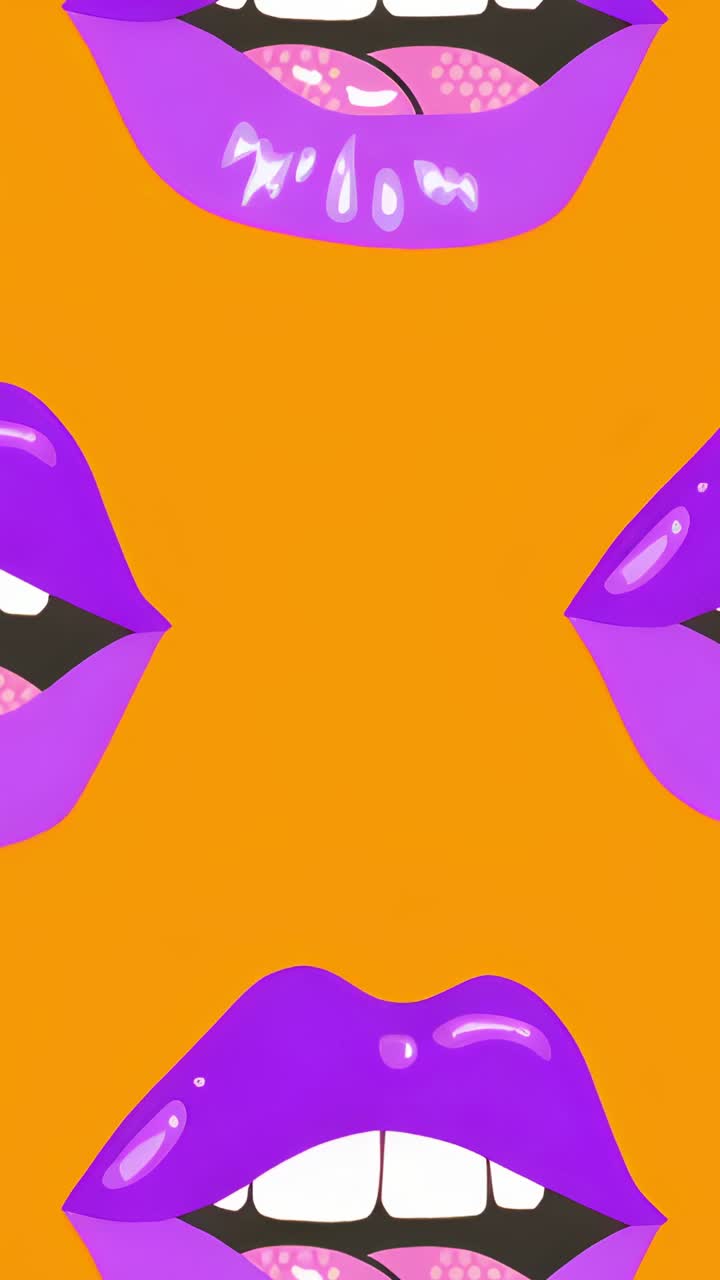 Video verticale: labbra viola lucide e pulsanti che si ripetono in loop su sfondo arancione, con lingua color corallo e denti bianchi